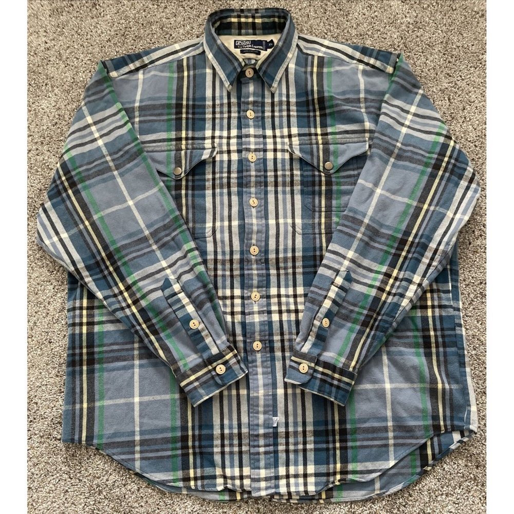 Mens XL Polo Ralph Lauren True Indigo Blue Flannel Plaid Full Button Down Shirt